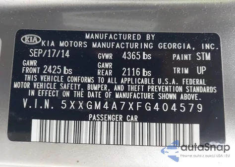 2015 Kia Optima Lx из США, поврежденный, VIN 5XXGM4A7XFG404579